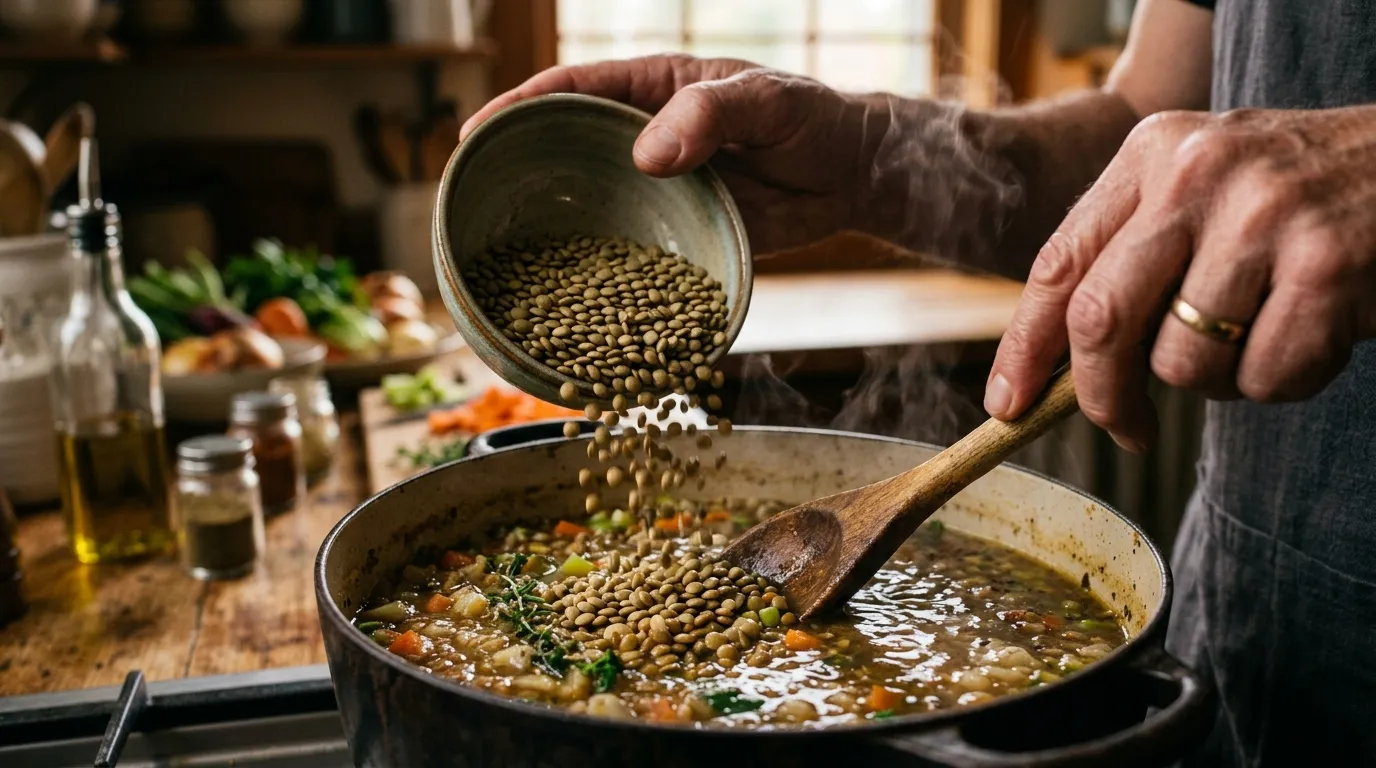 Detailaufnahme der cremigen Linsensuppe