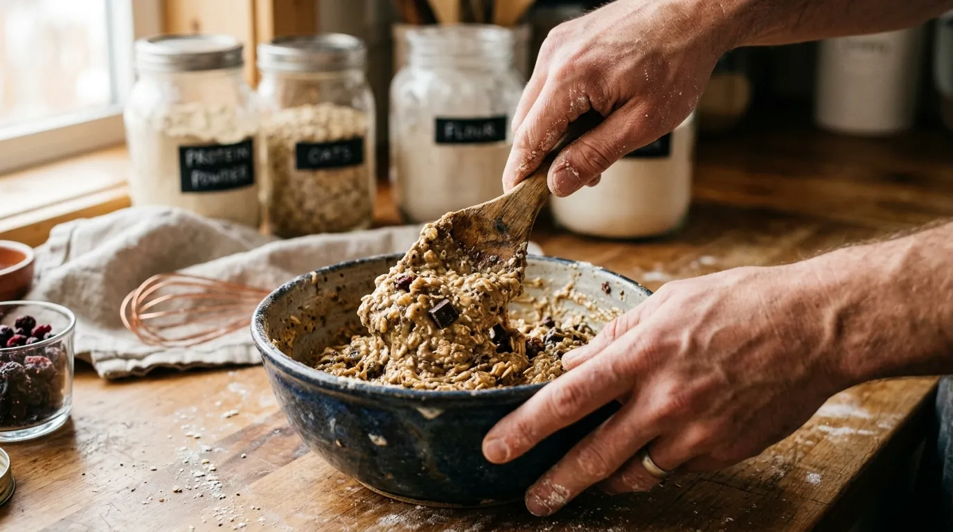 Zutaten und Werkzeuge für selbstgemachten Protein Kuchen