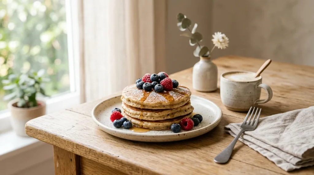 Protein Pancakes auf einem rustikalen Holztisch serviert