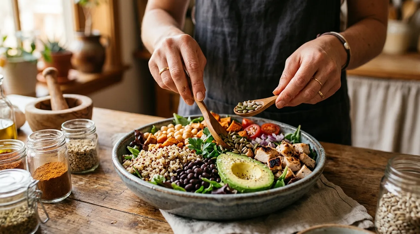 Detailaufnahme des frischen Protein Salats